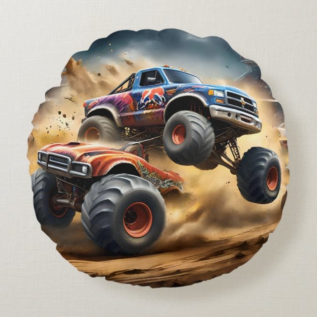 Chaos on Wheels: Monster Truck Smash Derby Round Pillow (Front)