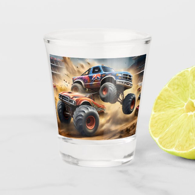 Chaos on Wheels: Monster Truck Smash Derby Shot Glass (Front)