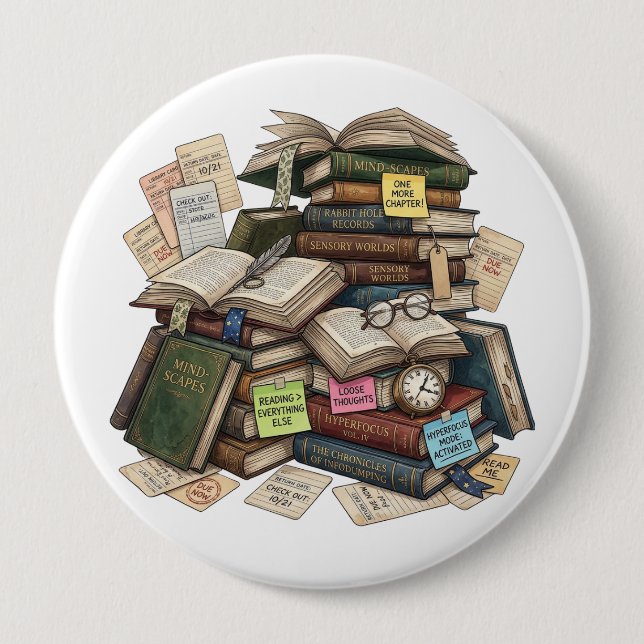 Chaotic Academia ADHD Hyperfocus Book Stack Button (Front)