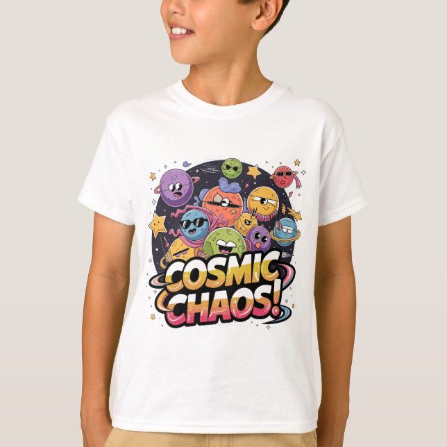 Chaotic Cartoonish Galaxy with Whimsical Character T-Shirt (Front)