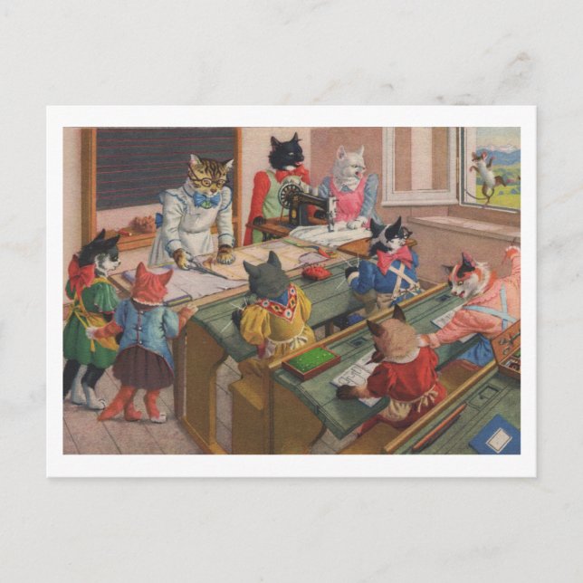 Chaotic Cats, Sewing Class, Repro Postcard (Front)