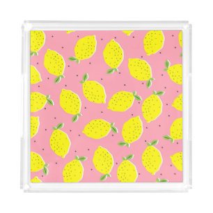 Chaotic Lemons Pink Polka: Citrus Pattern Acrylic Tray