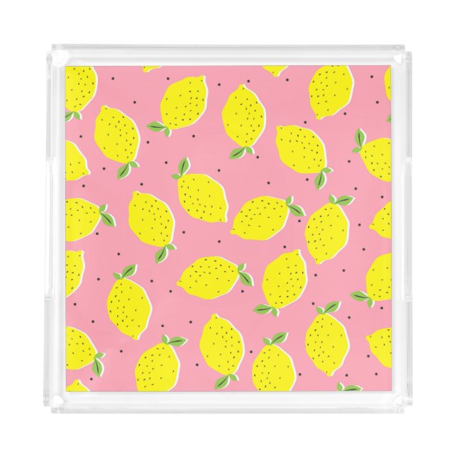 Chaotic Lemons Pink Polka: Citrus Pattern Acrylic Tray (Front)