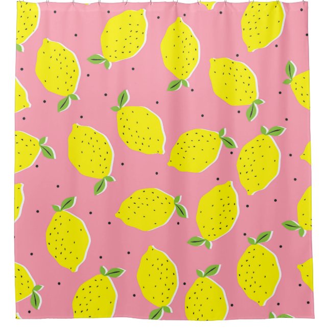 Chaotic Lemons Pink Polka: Citrus Pattern Shower Curtain (Front)