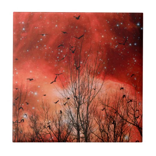 Chaotic Red Celestial Night Ceramic Tile