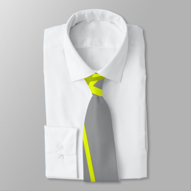 Chaotic Yellow Lines on Grey Retro Modern Pattern Neck Tie (Tied)