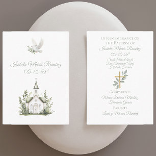 Chapel baptism white dove, green remembrance card
