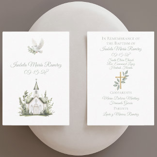 Chapel baptism white dove, green remembrance card