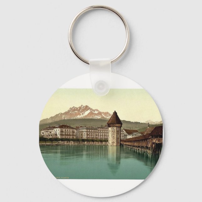 Chapel Bridge and view of Pilatus, Lucerne, Switze Keychain (Front)
