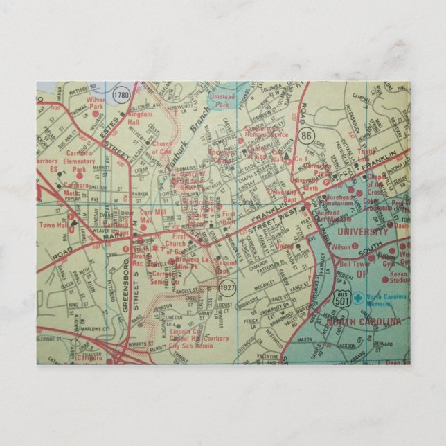 CHAPEL HILL-CARRBORO, NC Vintage Map Postcard (Front)