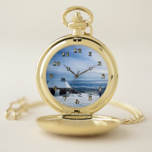 Chapel in the Alps Snow Mountain Pocket Watch