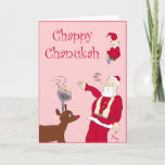 Chappy Chanukah Holiday Card<br><div class="desc">This card features a rabbi-like Santa,  an elf playing dreidel and the Rednose Reindeer with a menorah instead of antlers.  Yeah,  pretty much the typical inter-faith family.</div>