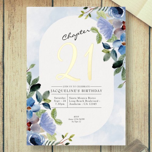 Chapter 21 Blue Floral 21st Birthday Gold Foil Invitation