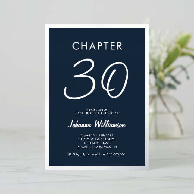 Chapter 30 Blue 30th Birthday Party Silver Foil Invitation (Standing Front)