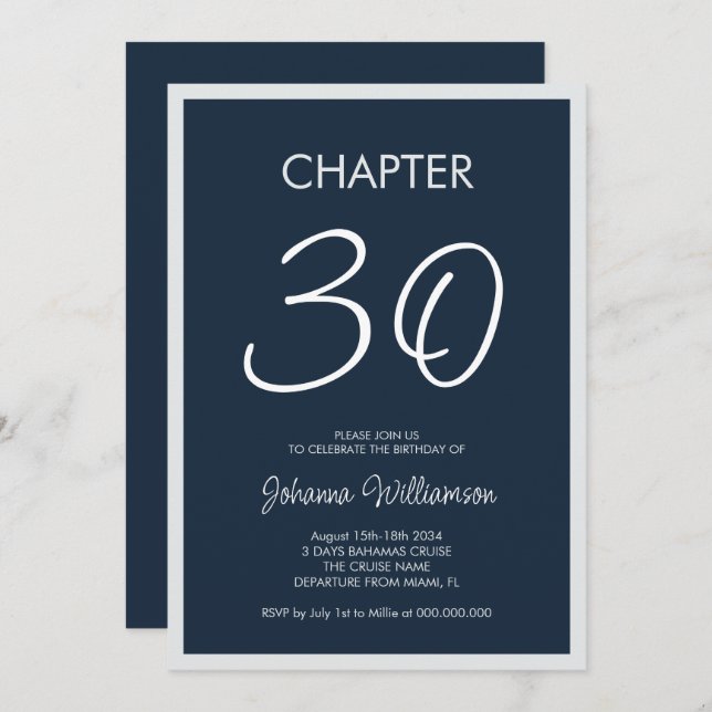 Chapter 30 Navy Blue 30th Birthday Party Invitation (Front/Back)