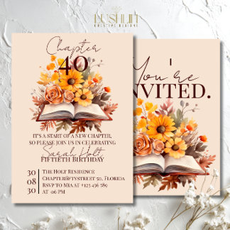 Chapter 40 Birthday – Open Book with Fall Flowers Invitation