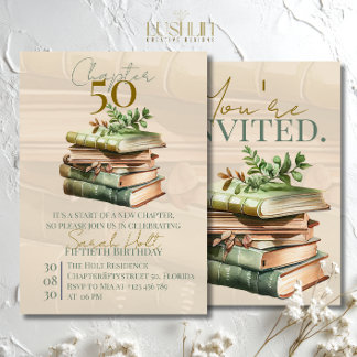 Chapter 50 Birthday | Stacked Books & Leaves  Invitation