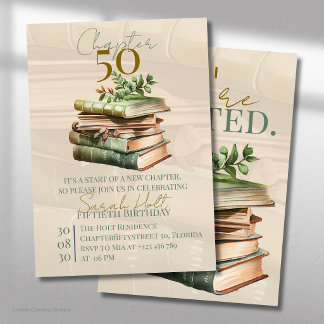 Chapter 50 Birthday | Stacked Books & Leaves Invitation
