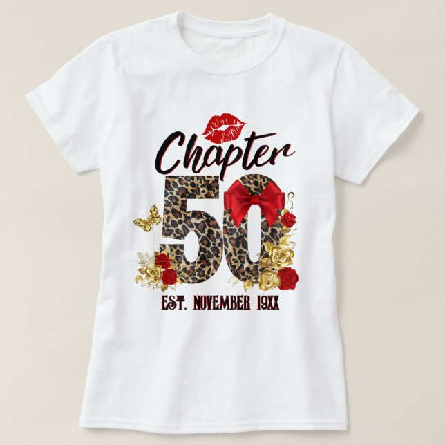 Chapter 50 Red & Gold Leopard 50th Birthday T-Shirt (Design Front)