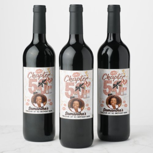 Chapter 50 Rose Gold 50th Birthday Elegant Photo Wine Label