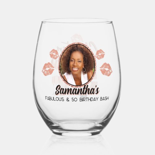 Chapter 50 Rose Gold 50th Elegant Birthday Photo Stemless Wine Glass