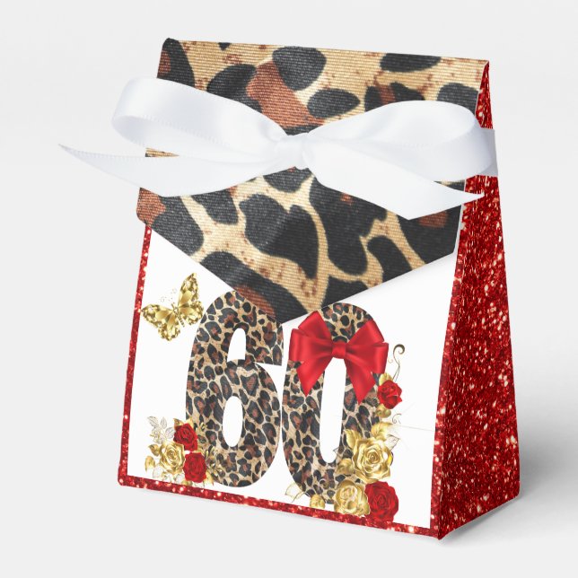 Chapter 60 Red & Gold Leopard 60th Birthday Favor Boxes (Front Side)