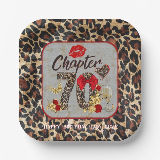 Chapter 70 Red & Gold Leopard 70th Birthday Paper Plates (Front)
