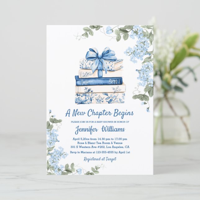 chapter begins, blue bow books floral baby shower  invitation (Standing Front)