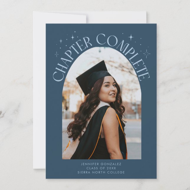 Chapter Complete Navy Blue Arch Frame Photo Grad Announcement (Front)