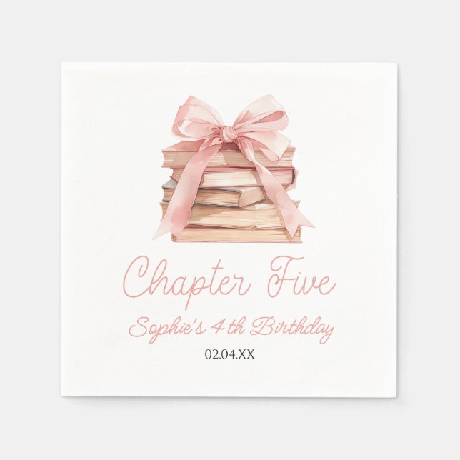 Chapter Five Pink Bow Books 5th Birthday Party Napkins (Front)