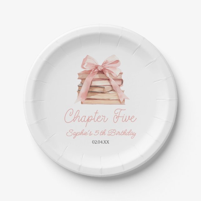Chapter Five Pink Bow Books 5th Birthday Party Paper Plates (Front)