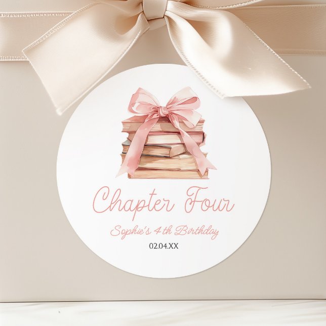 Chapter Four Pink Bow Books 4th Birthday Party Classic Round Sticker (Creator Uploaded)