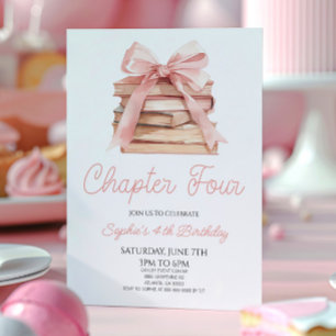 Chapter Four Pink Bow Storybook 4th Birthday Party Invitation