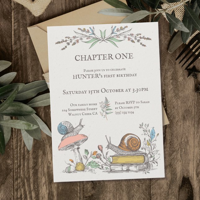 Chapter ONE Baby is turning ONE snails woodland Invitation (Creator Uploaded)