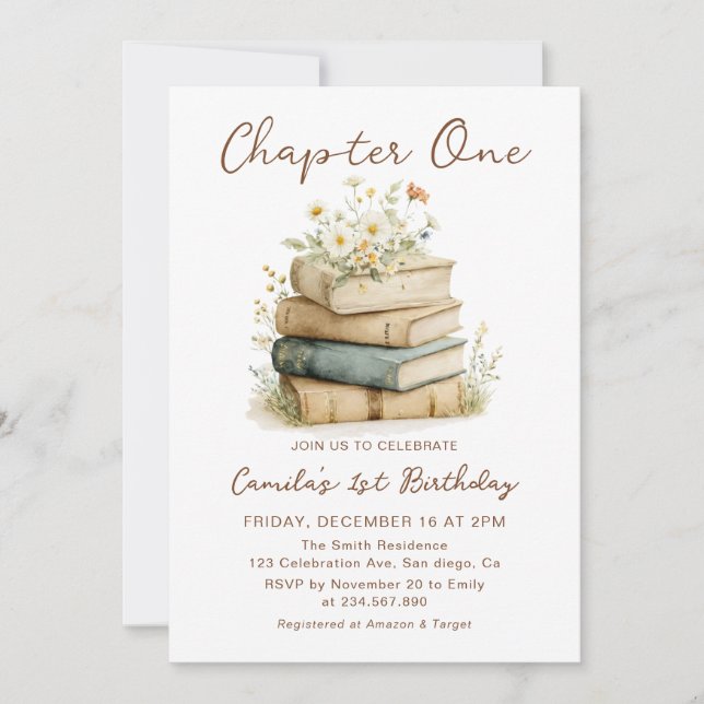 Chapter One Floral Books 1st Birthday Invitation (Front)
