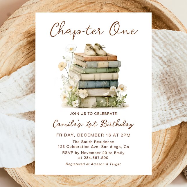 Chapter One Floral Books 1st Birthday Invitation (Creator Uploaded)