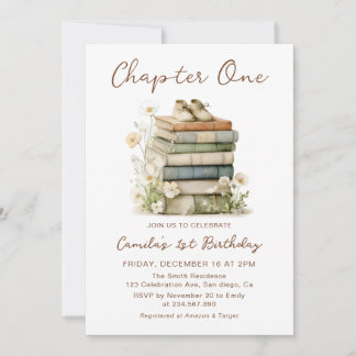 Chapter One Floral Books 1st Birthday Invitation