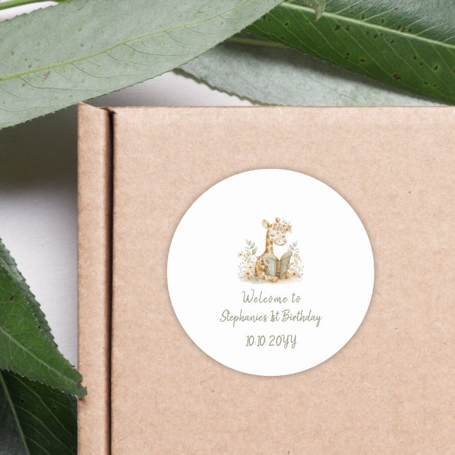 Chapter One Giraffe with Book  1st Birthday Party  Classic Round Sticker (Creator Uploaded)