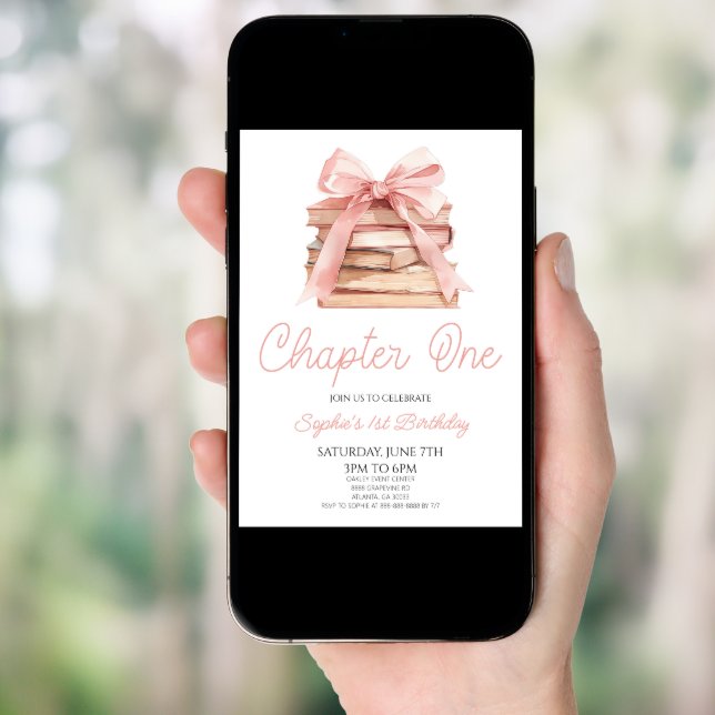 Chapter One Pink Bow Storybook 1st Birthday Party Invitation (Front Digital)