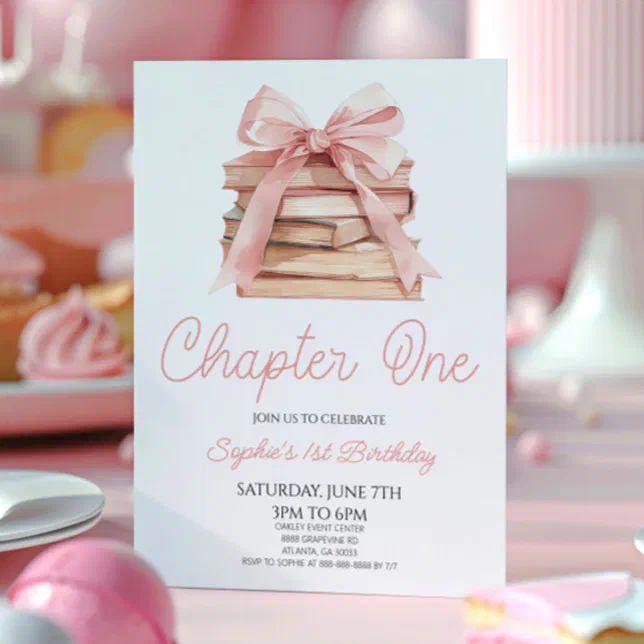 Chapter One Pink Bow Storybook 1st Birthday Party Invitation | Zazzle