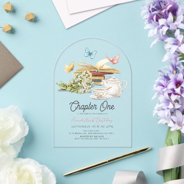 Chapter One Tea Butterfly Storybook 1st Birthday Acrylic Invitations (Insitu (Wedding))