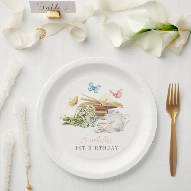 Chapter One Tea Butterfly Storybook 1st Birthday Paper Plates (Wedding)