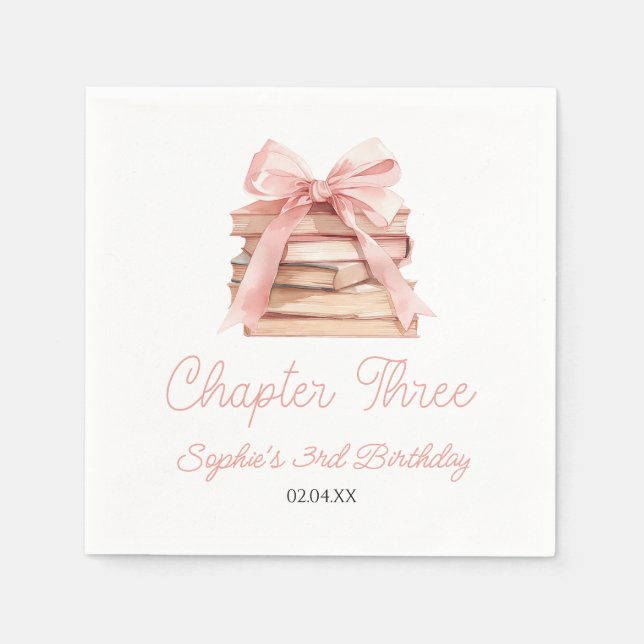 Chapter Three Pink Bow Books 3rd Birthday Party Napkins (Front)