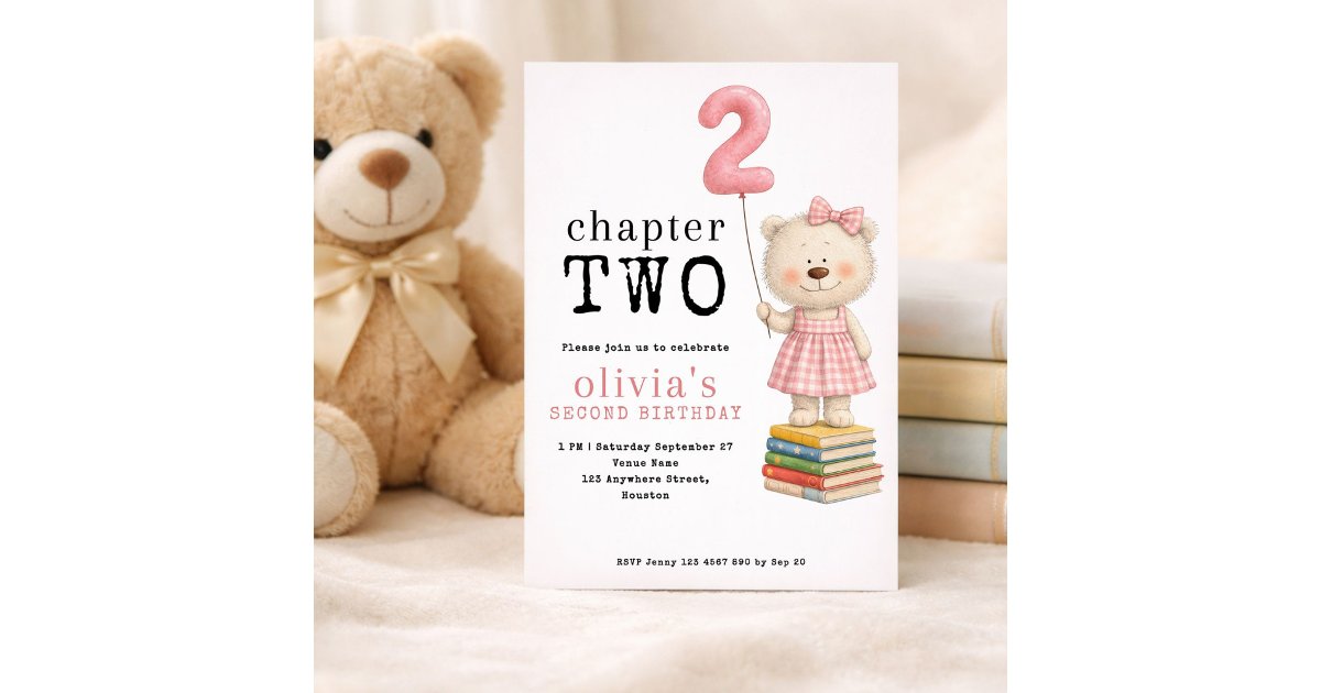 Chapter Two Teddy Bear Book Girl 2nd Birthday Pink Invitation | Zazzle
