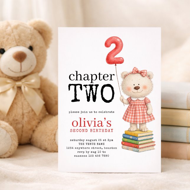 Chapter Two Teddy Bear Books Girl 2nd Birthday Red Invitation (Creator Uploaded)