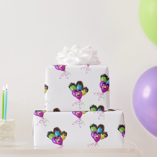 Character Birthday Balloons On White Wrapping Paper