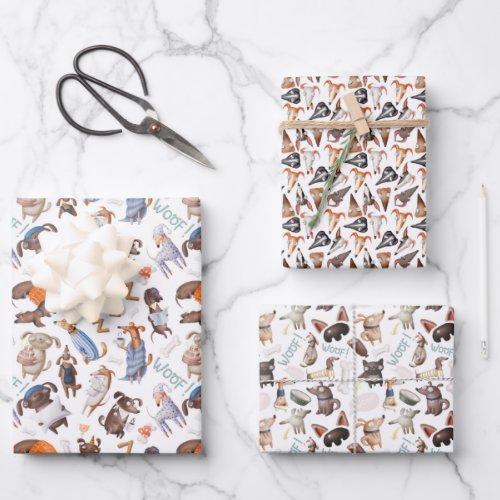Character Dogs Wrapping Paper Set of 3