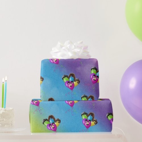 Character Party Balloons On Rainbow Wrapping Paper