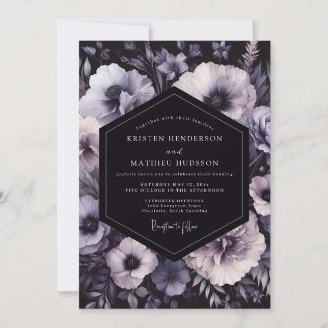 Charcoal Amethyst Bloom Wedding Invitation (Front)