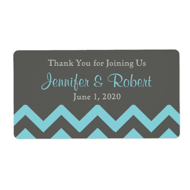 Charcoal and Aqua Chevron Posh Water Bottle Label (Front)